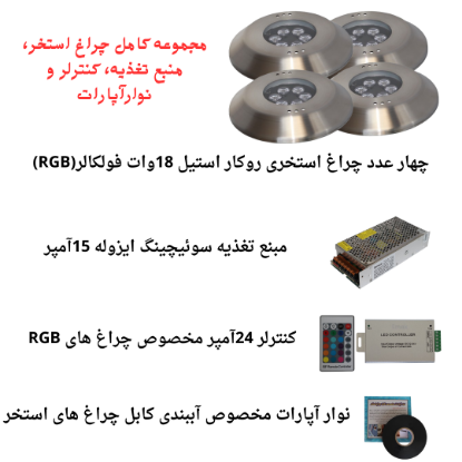 تصویر  پک کامل چراغ روکار استخری استیل برای استخرهای تا 35 متر مربع ( تا ابعاد 8 متر در 4.5 متر )